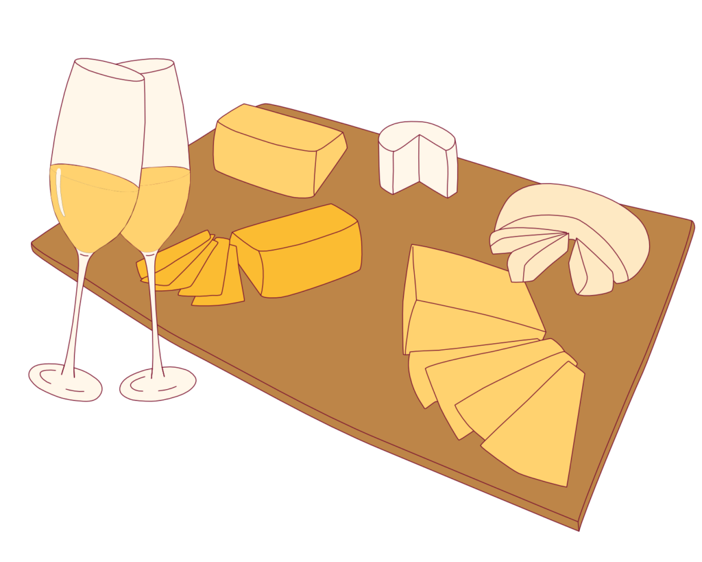 Käseplatte mit Sektglas illustriert